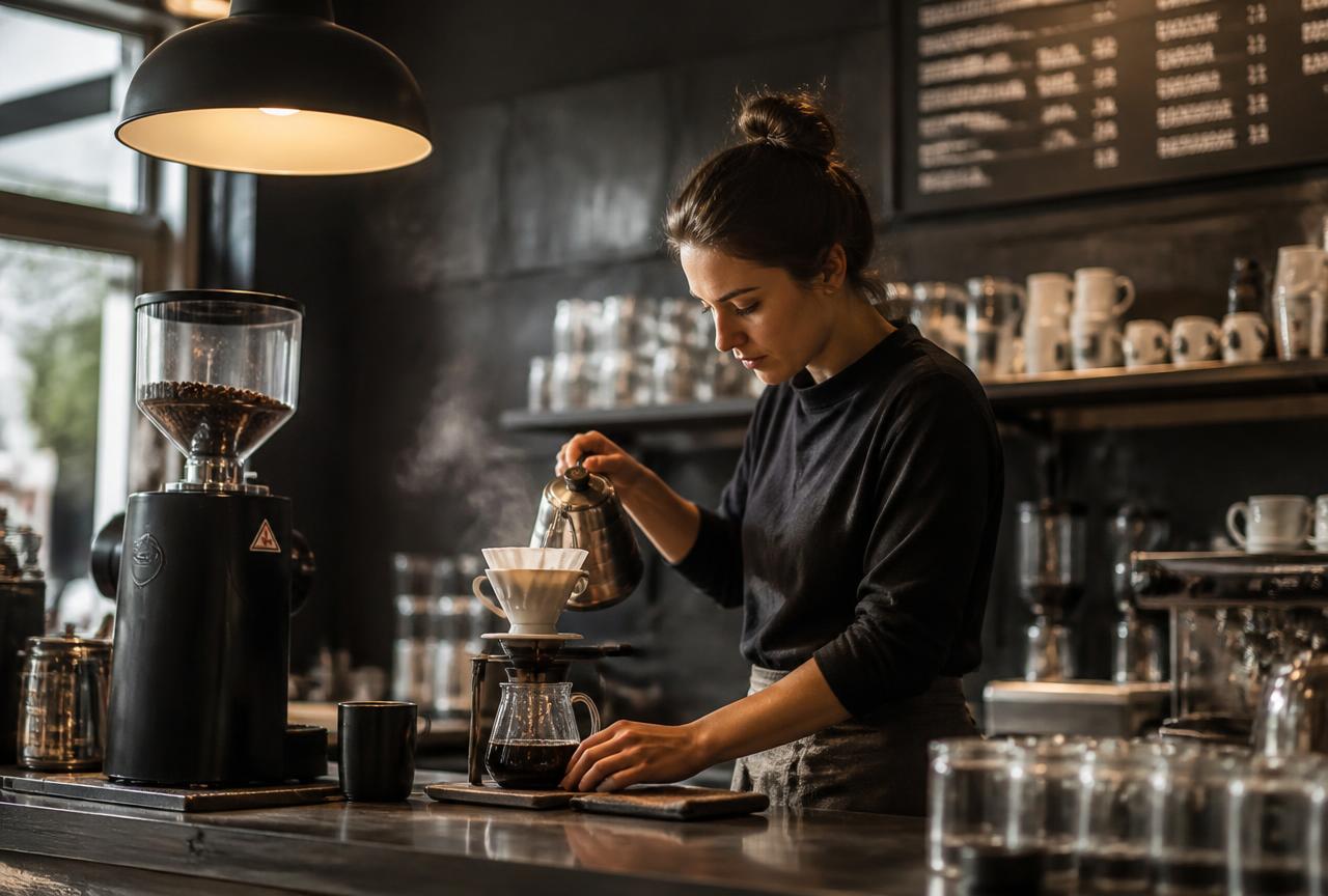 Example business website hero: a barista brewing coffee
